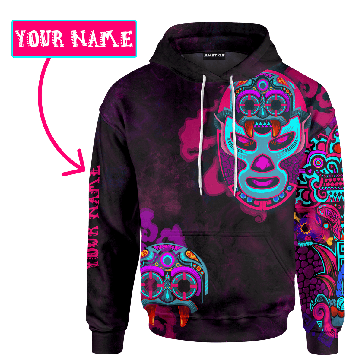 Aztec Tlaloc Mexican Wrestling Mask Neon Mexican Mural Art Customized 3D All Over Printed hoodie