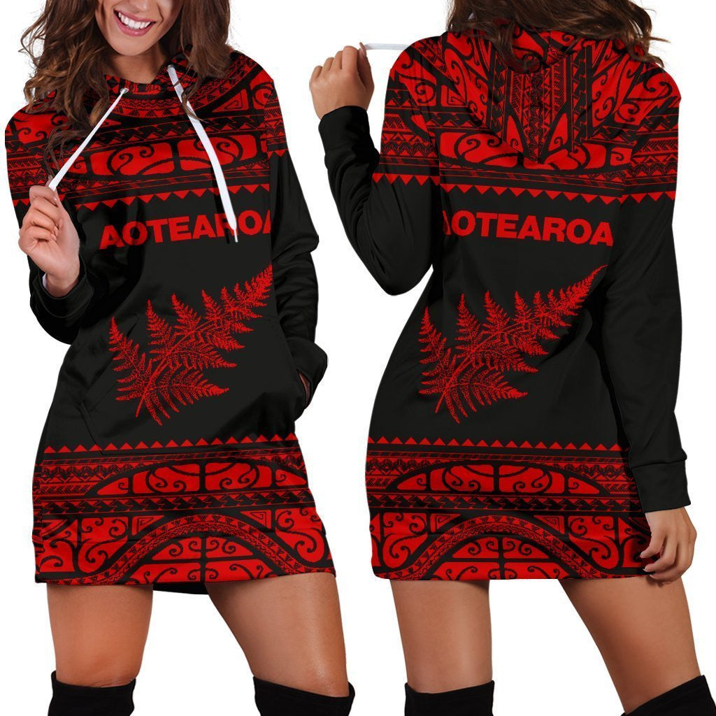 Aotearoa Silver Fern Hoodie Dress Red - Amaze Style�?�