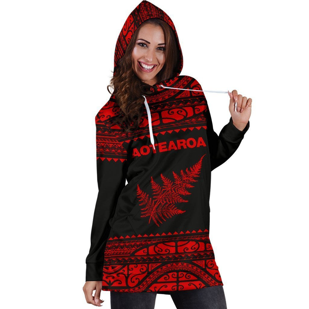 Aotearoa Silver Fern Hoodie Dress Red - Amaze Style�?�