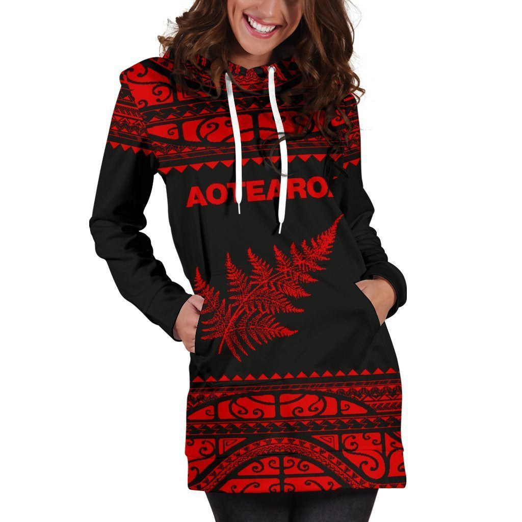 Aotearoa Silver Fern Hoodie Dress Red - Amaze Style�?�