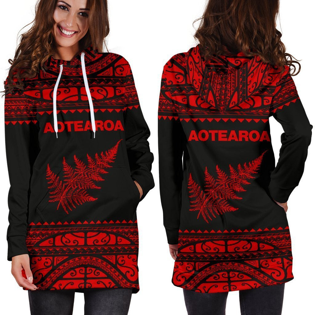 Aotearoa Silver Fern Hoodie Dress Red - Amaze Style�?�