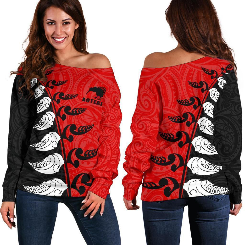 Aotearoa Silver Fern Koru Style Off Shoulder Sweater Red K4 - Amaze Style�?�-WOMENS OFF SHOULDER SWEATERS