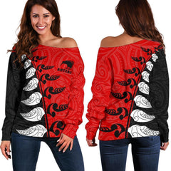 Aotearoa Silver Fern Koru Style Off Shoulder Sweater Red K4 - Amaze Style�?�-WOMENS OFF SHOULDER SWEATERS