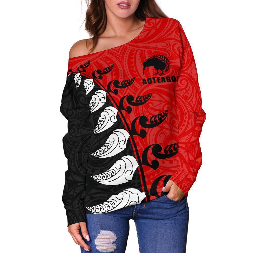 Aotearoa Silver Fern Koru Style Off Shoulder Sweater Red K4 - Amaze Style�?�-WOMENS OFF SHOULDER SWEATERS