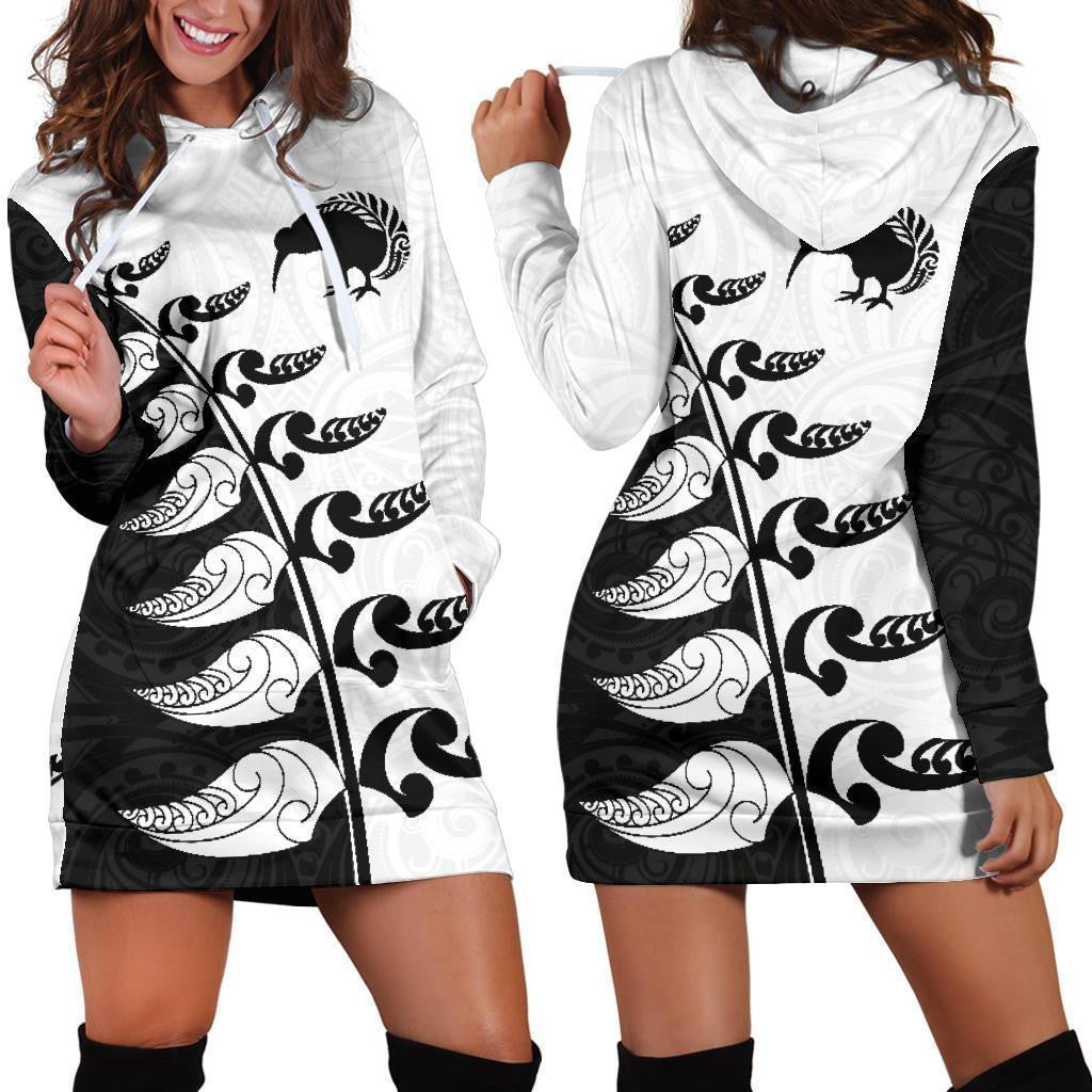 Aotearoa Silver Fern Koru Style Hoodie Dress Black White K4 - Amaze Style�?�-Apparel