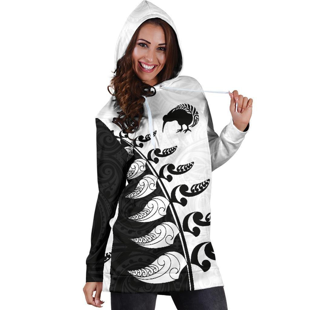 Aotearoa Silver Fern Koru Style Hoodie Dress Black White K4 - Amaze Style�?�-Apparel