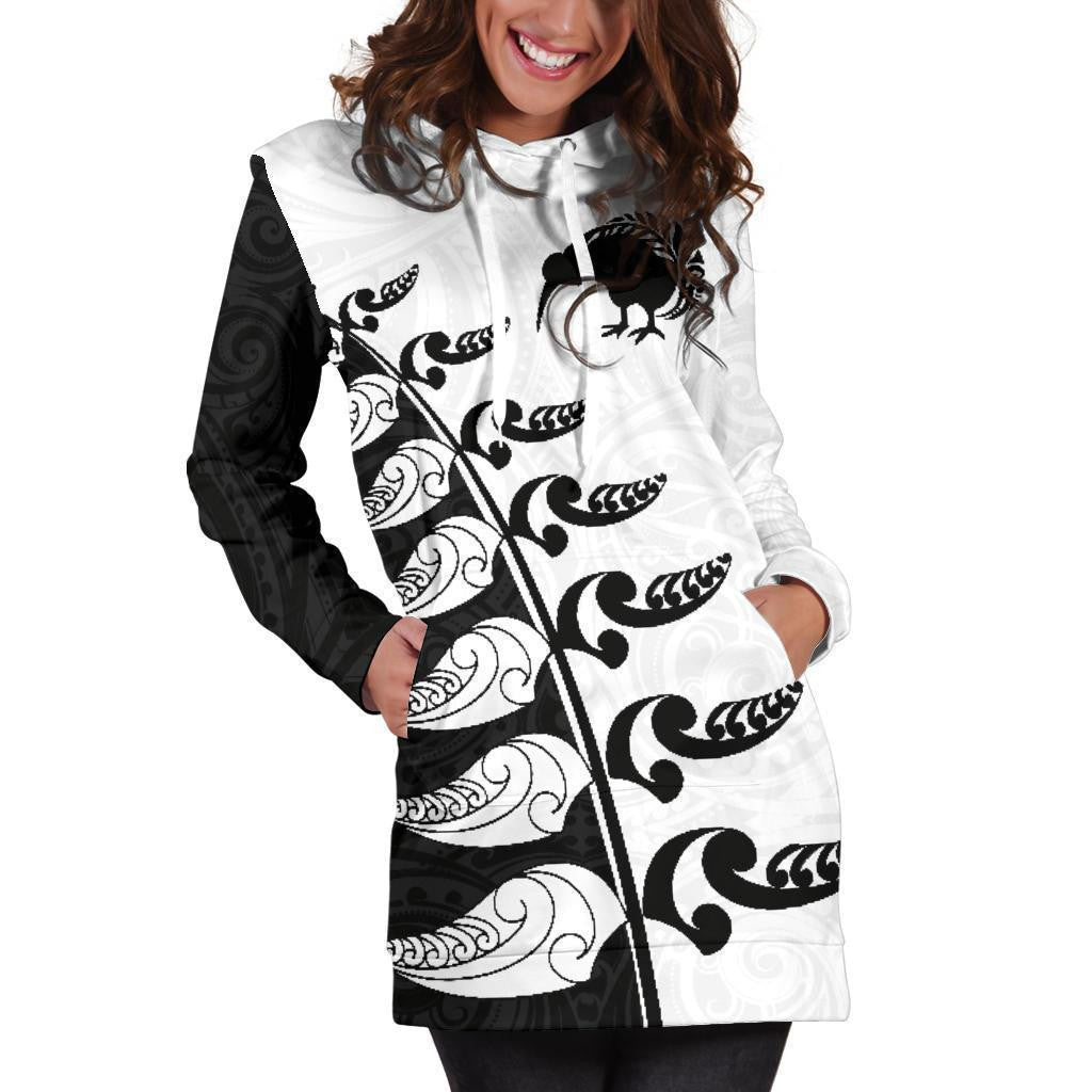 Aotearoa Silver Fern Koru Style Hoodie Dress Black White K4 - Amaze Style�?�-Apparel