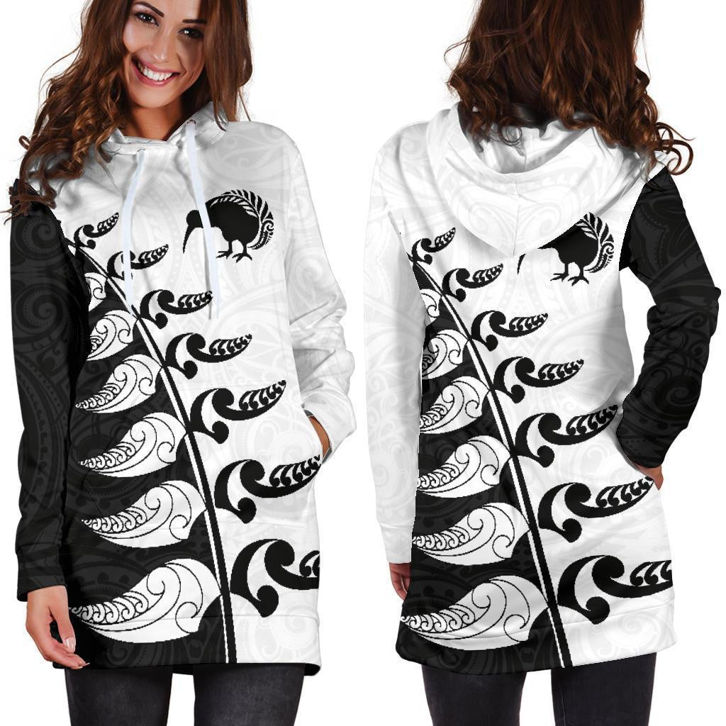 Aotearoa Silver Fern Koru Style Hoodie Dress Black White K4 - Amaze Style�?�-Apparel