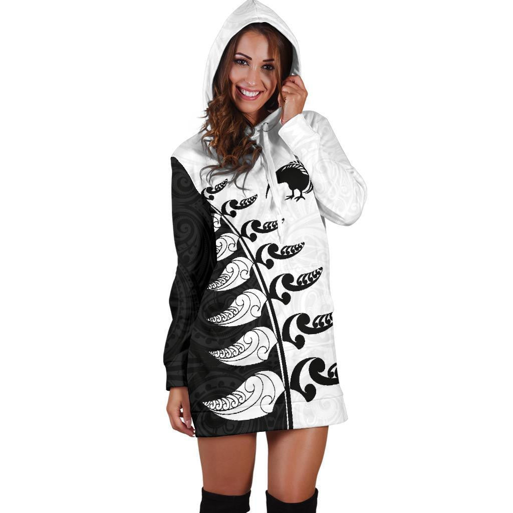 Aotearoa Silver Fern Koru Style Hoodie Dress Black White K4 - Amaze Style�?�-Apparel