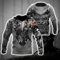 Samurai Oni Mask Tattoo 3D Over Printed Unisex Hoodie-ML - Amaze Style™