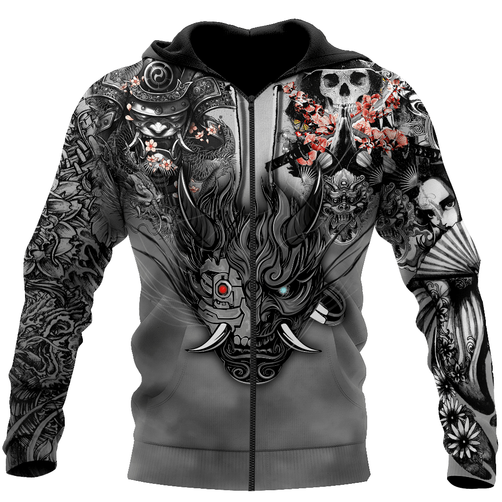 Samurai Oni Mask Tattoo 3D Over Printed Unisex Hoodie-ML - Amaze Style™