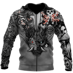 Samurai Oni Mask Tattoo 3D Over Printed Unisex Hoodie-ML - Amaze Style™