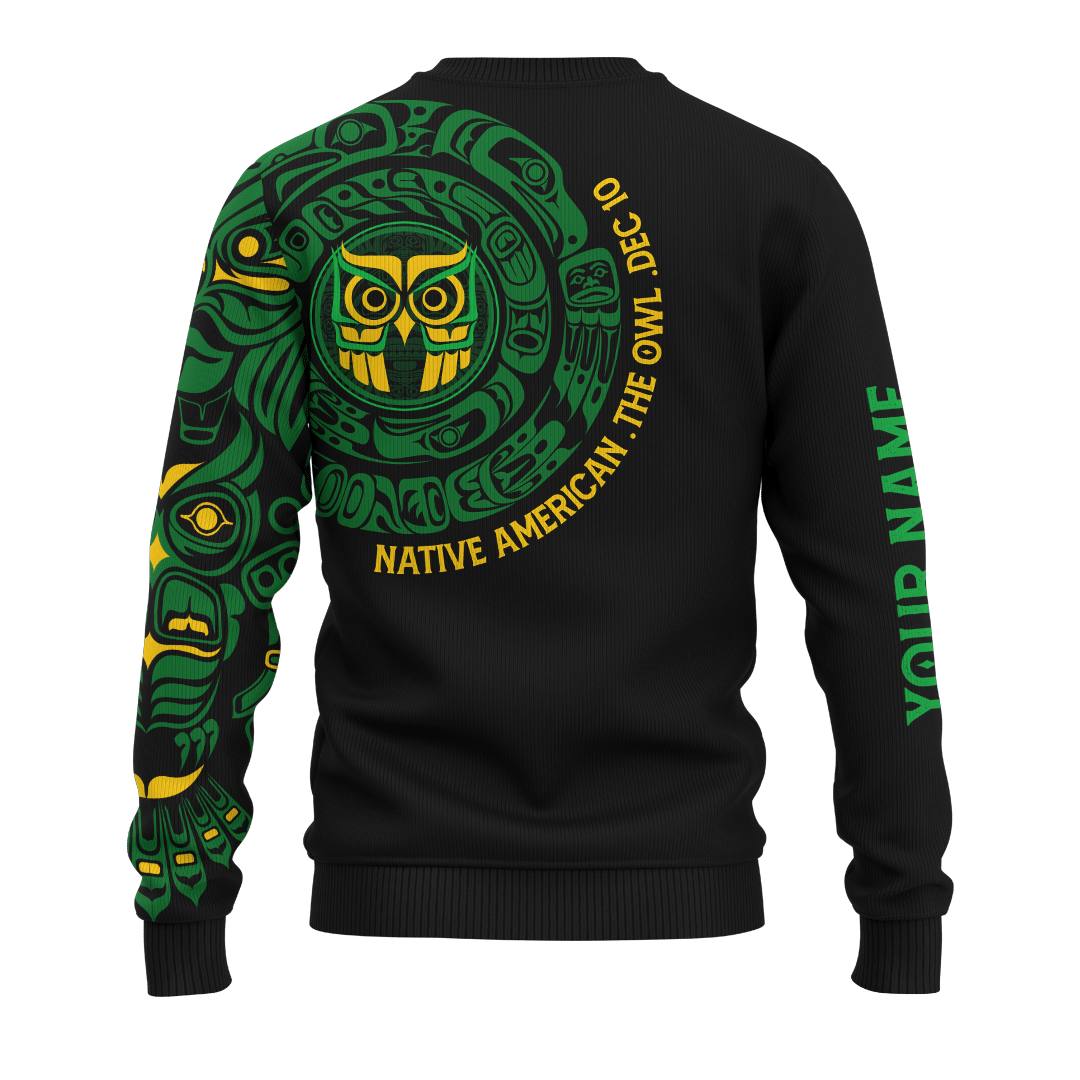 Native American Zodiac Signs Haida Owl Pacific Northwest Art Green Color Customized 3D All Over Printed Shirt Hoodie