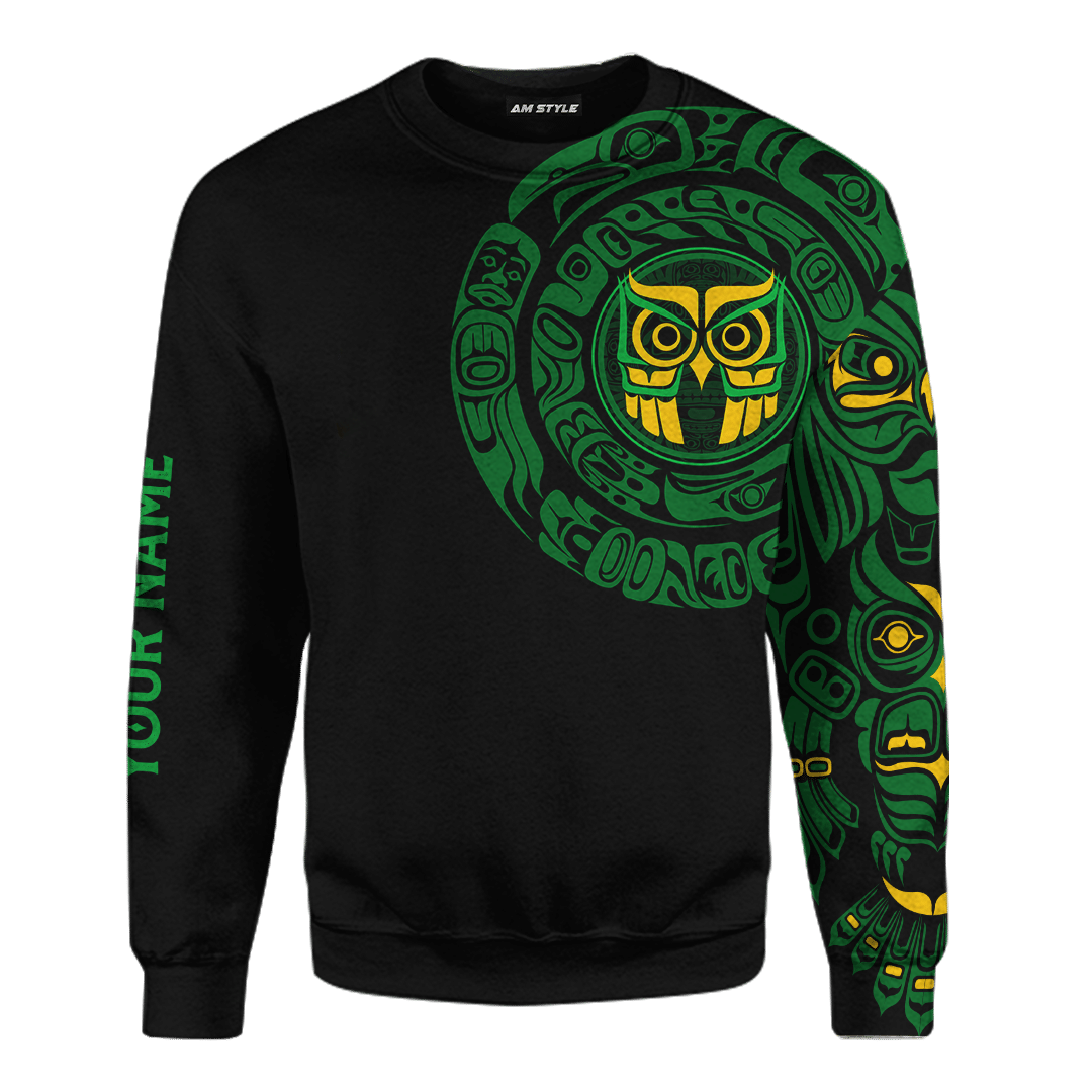 Native American Zodiac Signs Haida Owl Pacific Northwest Art Green Color Customized 3D All Over Printed Shirt Hoodie