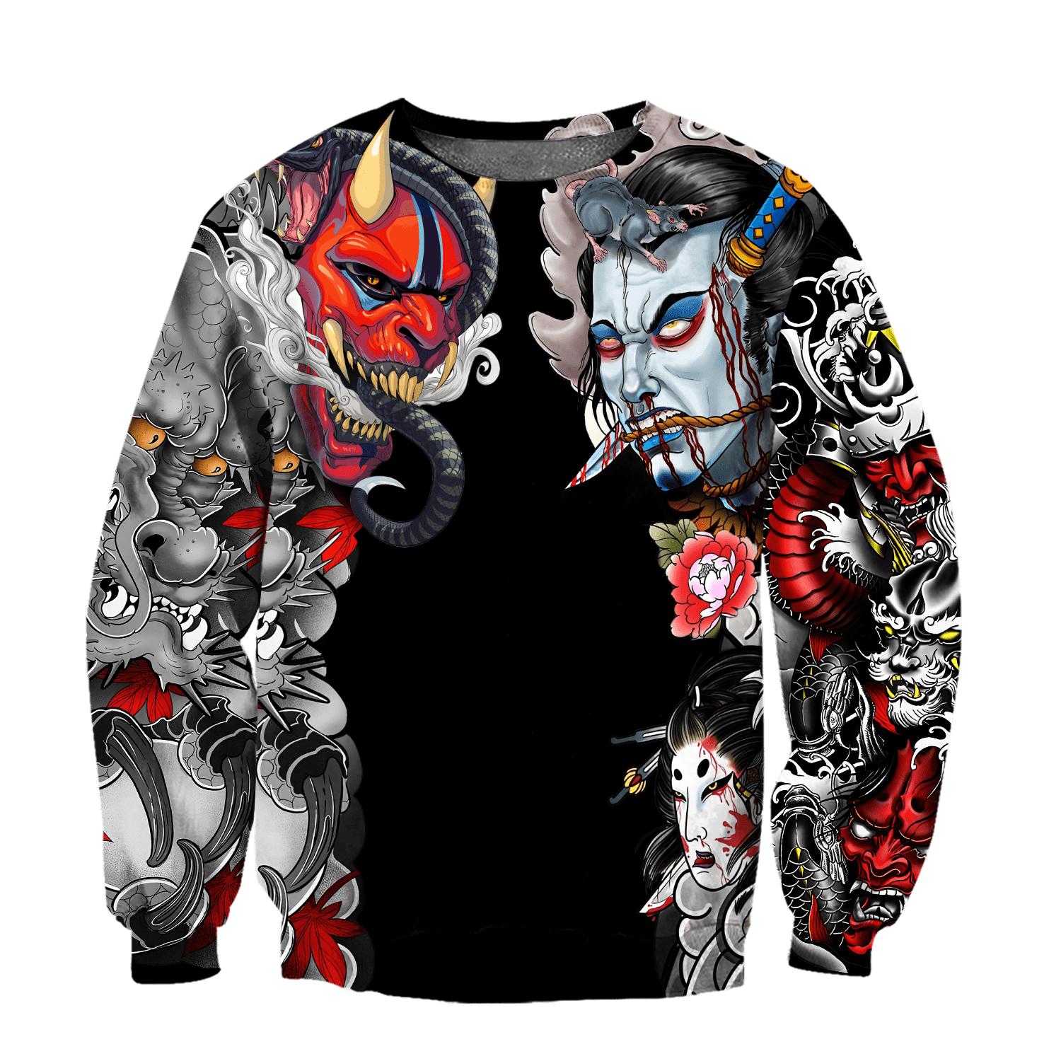 Japanese Samurai Tattoo D Over Printed Unisex Hoodie ML