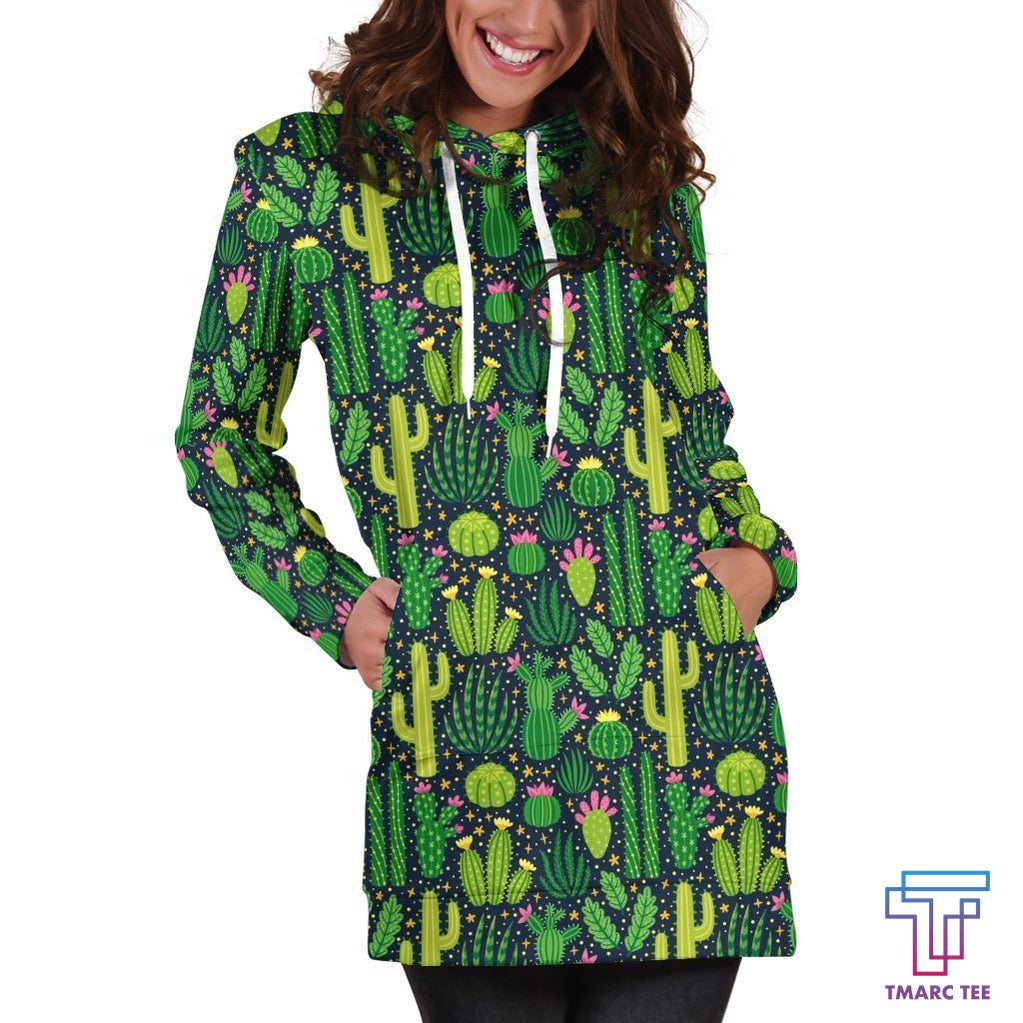 All Over Printing Green Cactus Have Flower Hoodie Dress