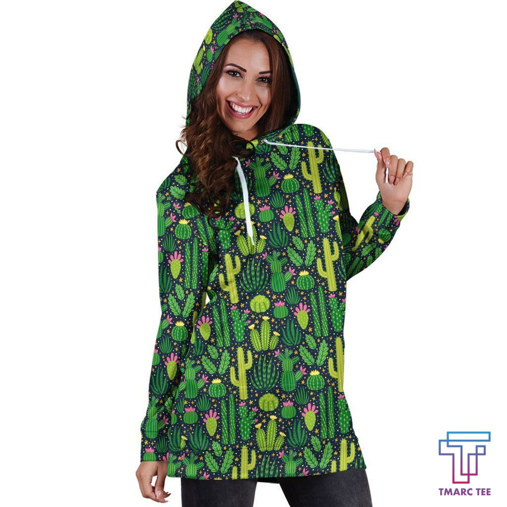 All Over Printing Green Cactus Have Flower Hoodie Dress