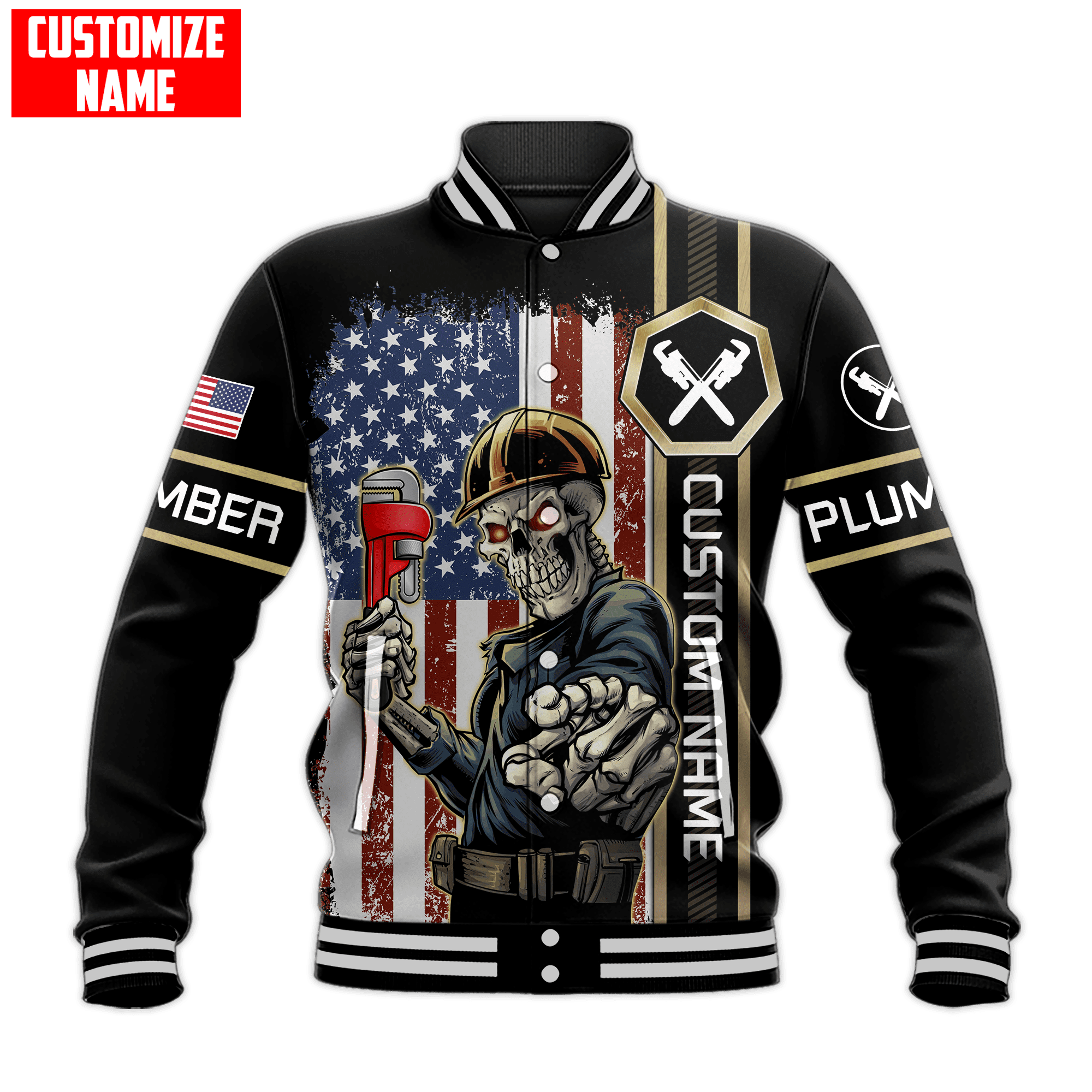 Personalized Plumber Skull American Flag Apparel