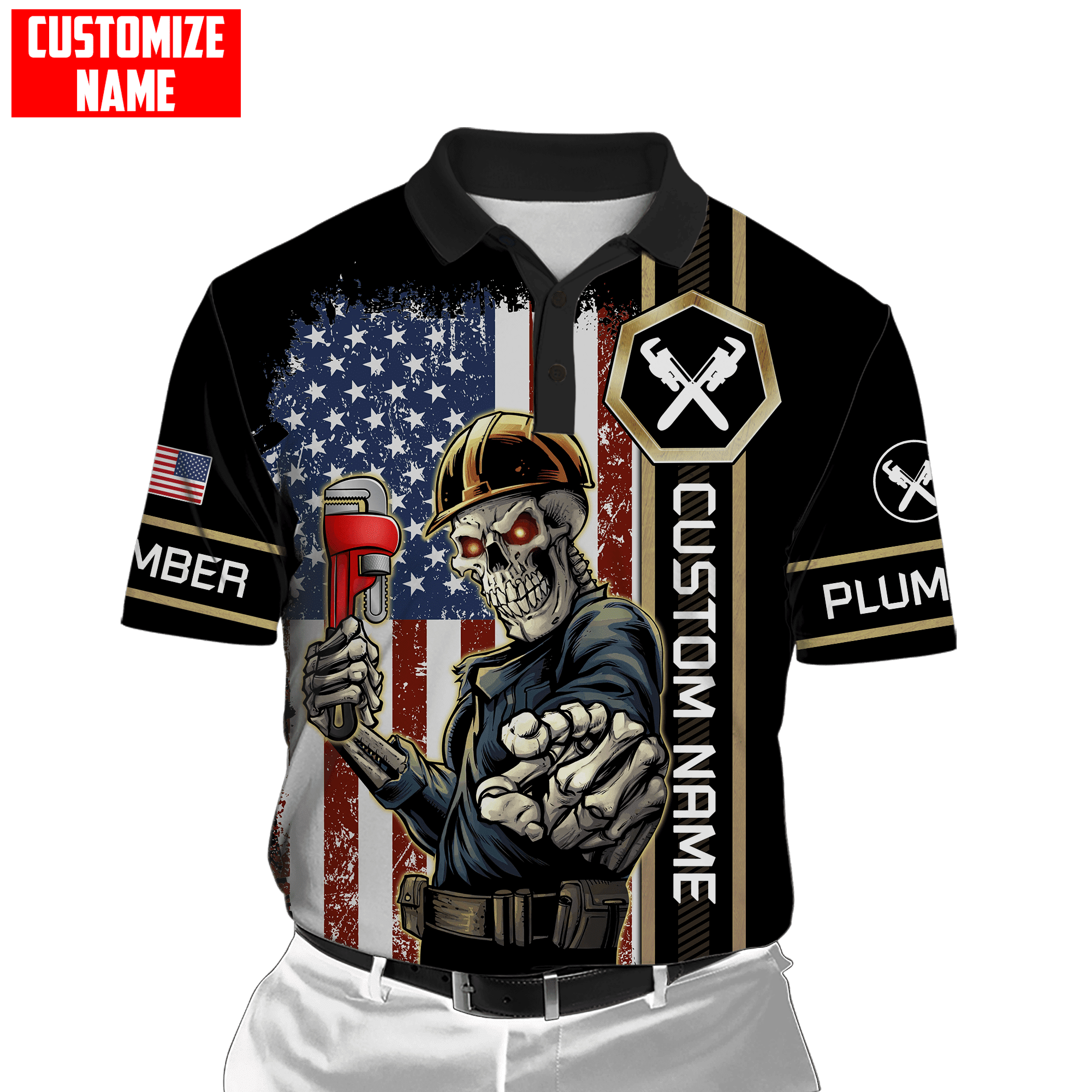 Personalized Plumber Skull American Flag Apparel