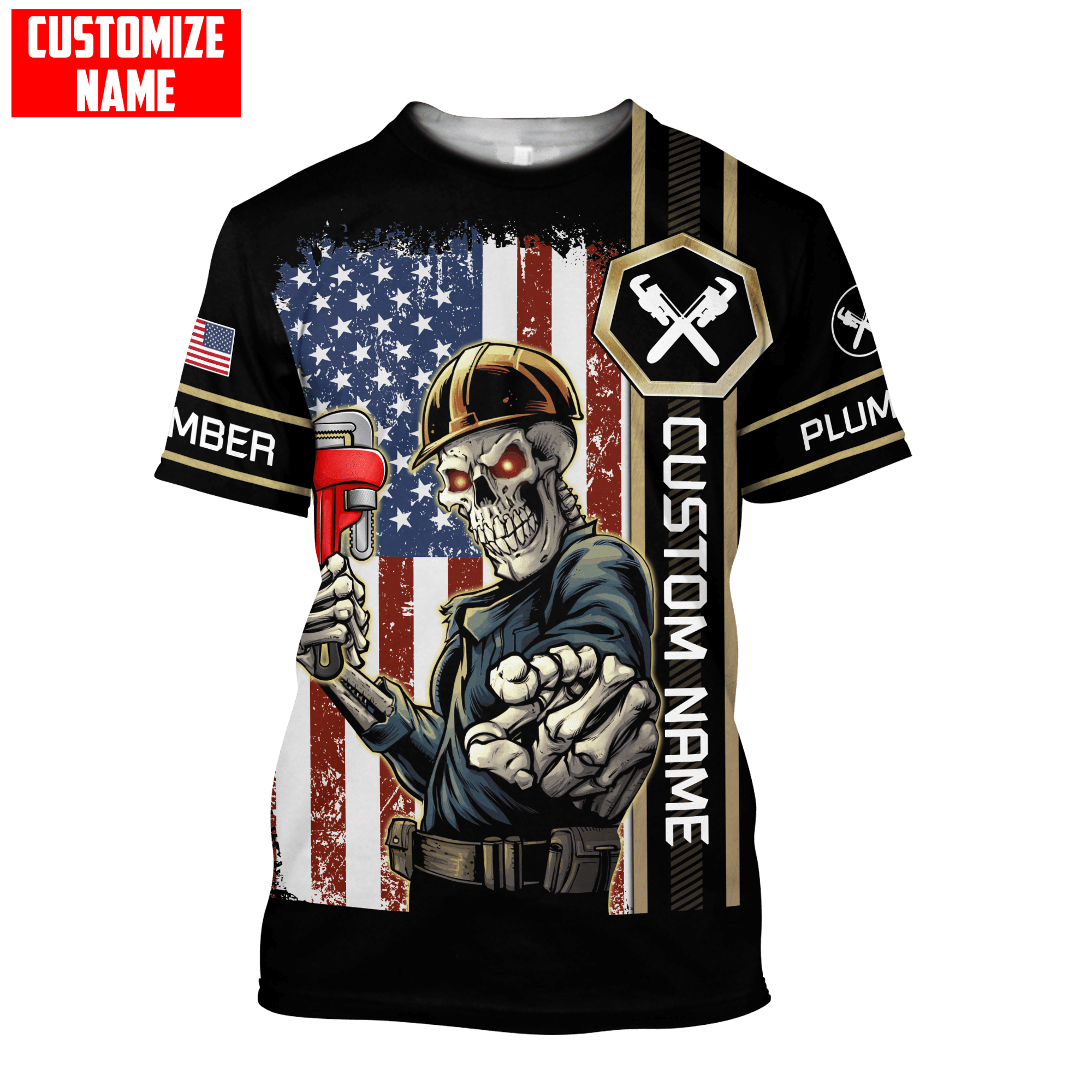 Personalized Plumber Skull American Flag Apparel