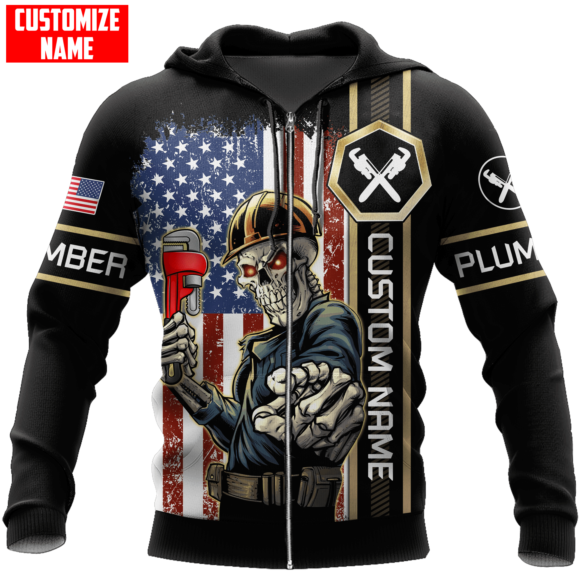 Personalized Plumber Skull American Flag Apparel