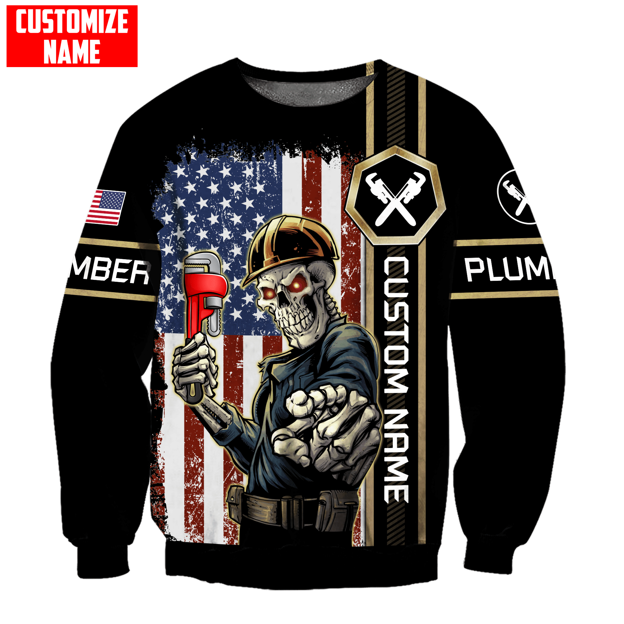 Personalized Plumber Skull American Flag Apparel