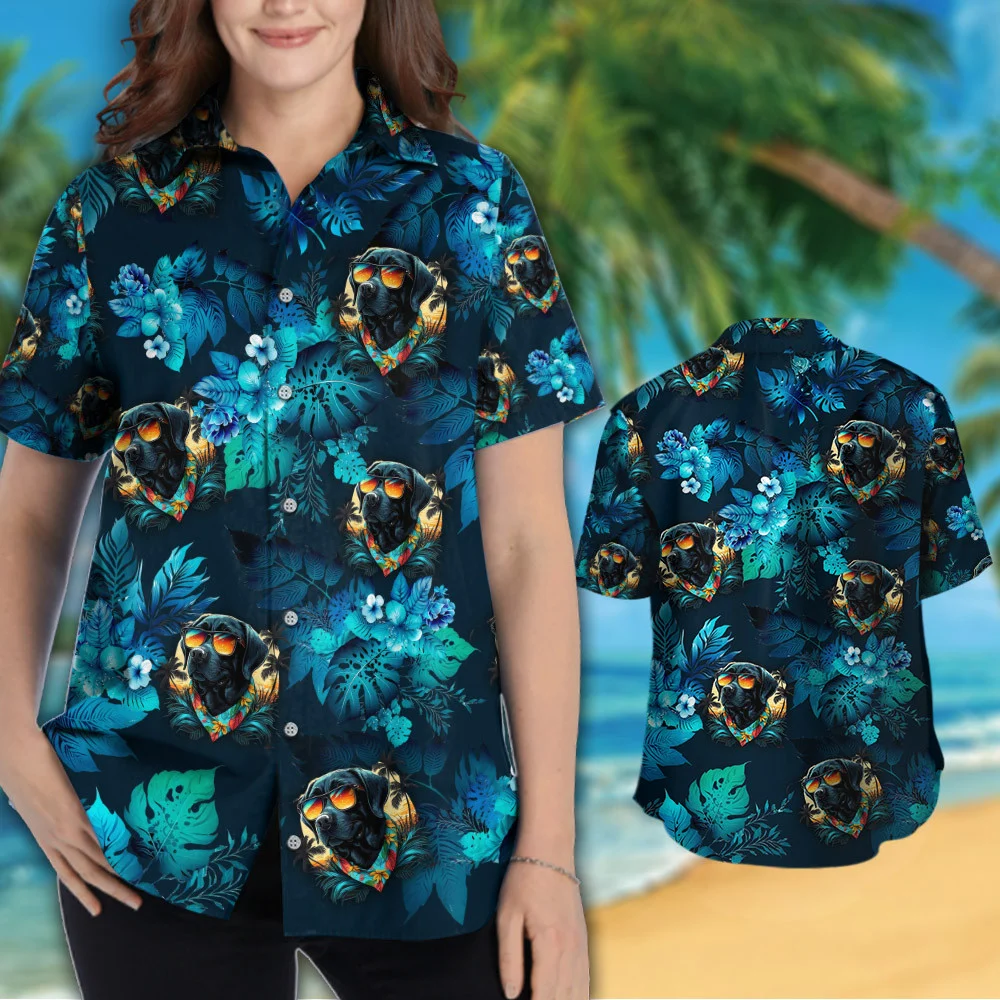 Black Labrador Retriever Dog Wearing Sunglass Funny Hawaiian Shirt