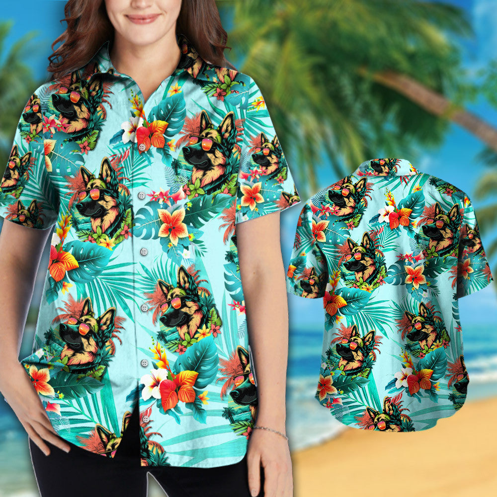 German Shepherd Dog Wearing Sunglass Funny Colorful Hawaiian Shirt