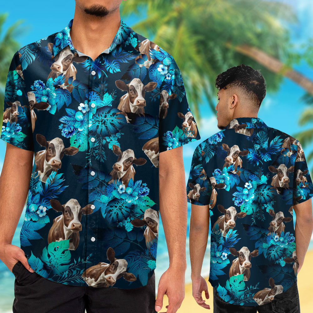 Cow With Tropical Blue Flowers Hawaiian Shirt