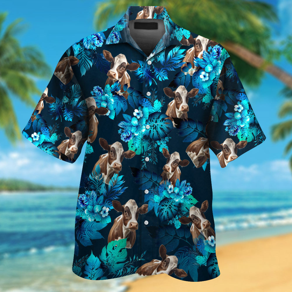 Cow With Tropical Blue Flowers Hawaiian Shirt