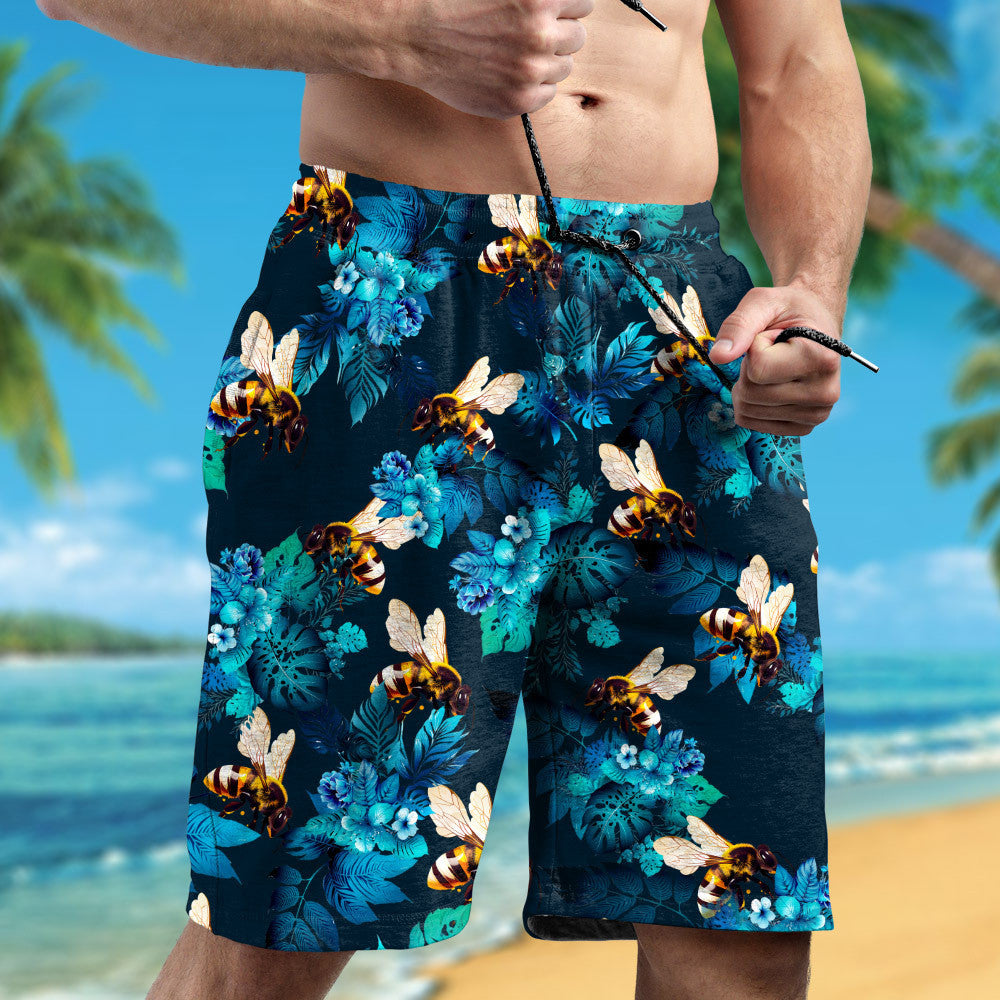 Bee With Tropical Blue Flowers Hawaiian Shirt