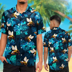 Bee With Tropical Blue Flowers Hawaiian Shirt