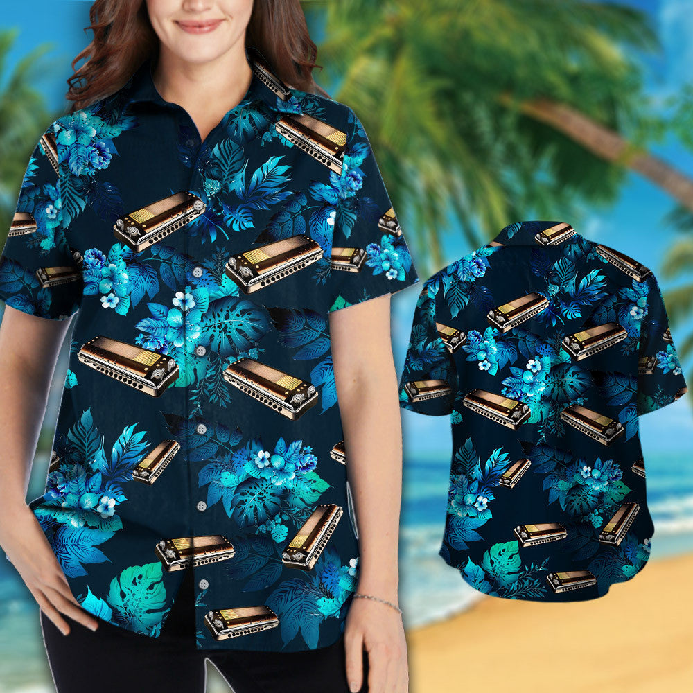 Harmonica Tropical Flowers Hawaiian Shirt For Music Lover