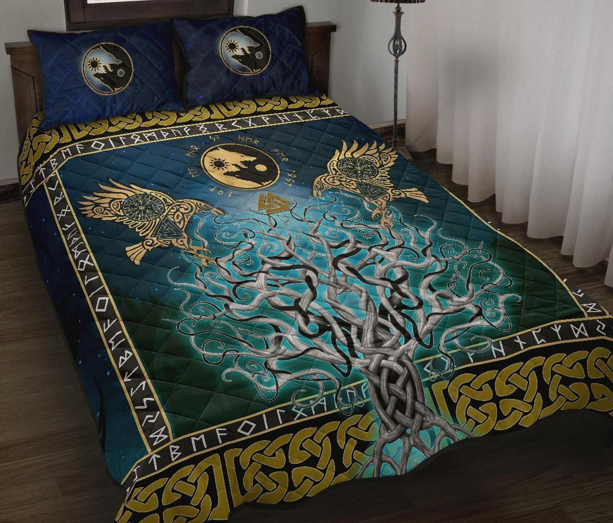 Viking Quilt Bed Set, Tree Of Life Fenrir Skoll And Hati Raven Rune - Amaze Style™-