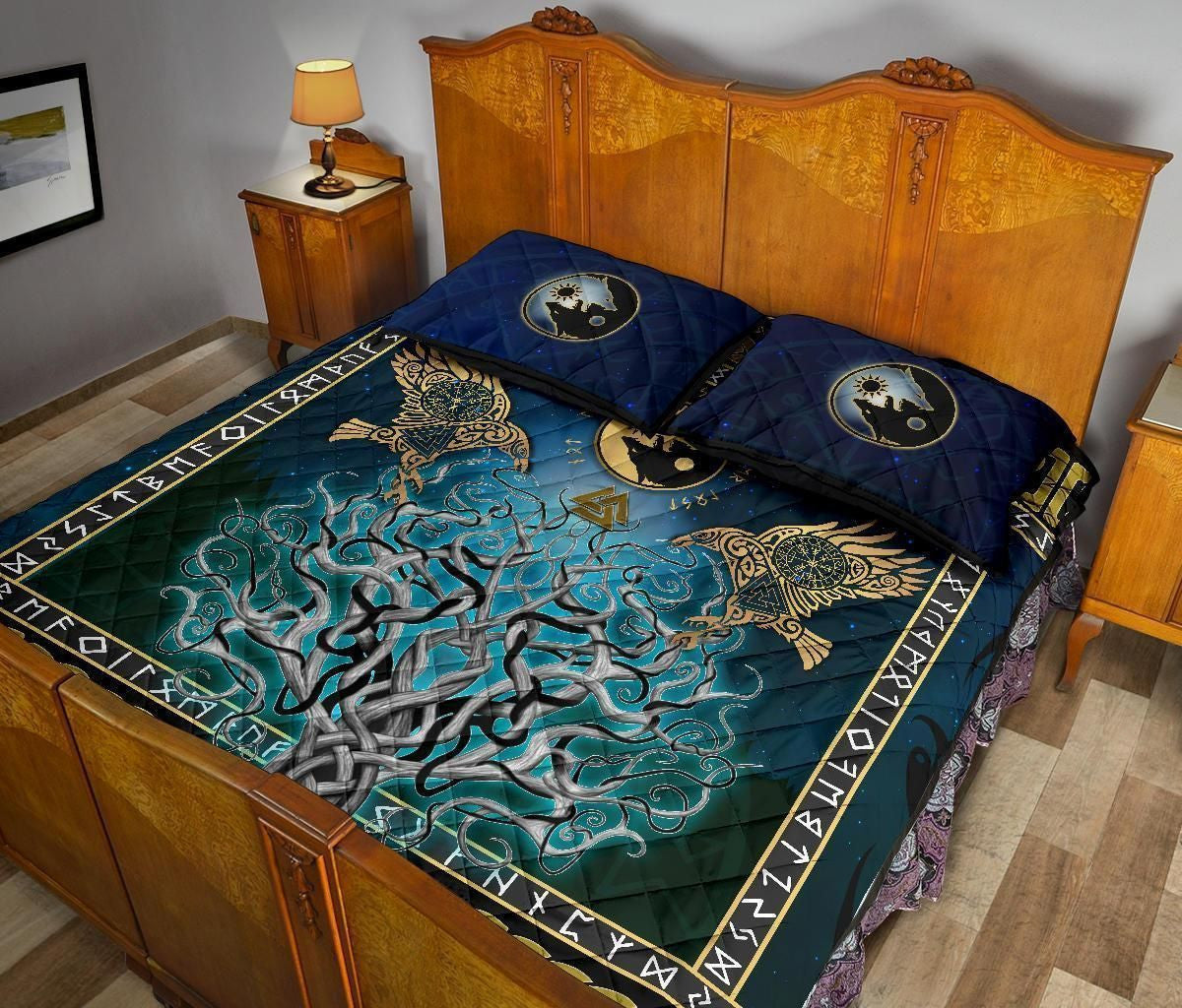 Viking Quilt Bed Set, Tree Of Life Fenrir Skoll And Hati Raven Rune - Amaze Style™-