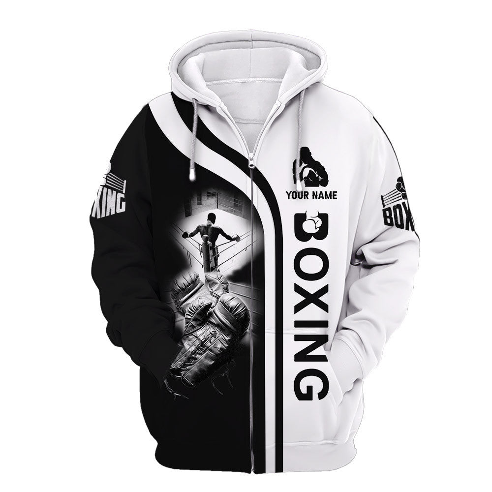 Boxing Custom Zipper Hoodie Gift For Boxing Lovers Black & White Boxing Gloves 3D Shirts