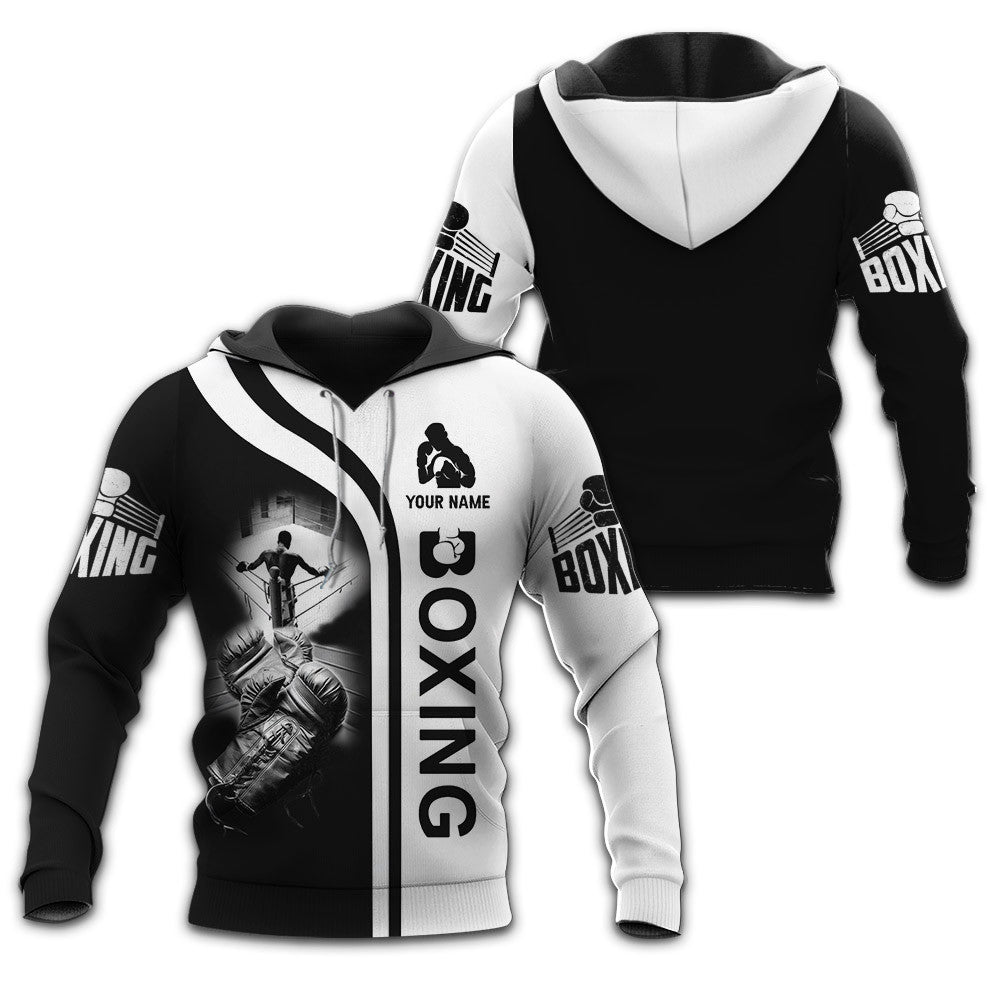 Boxing Custom Zipper Hoodie Gift For Boxing Lovers Black & White Boxing Gloves 3D Shirts