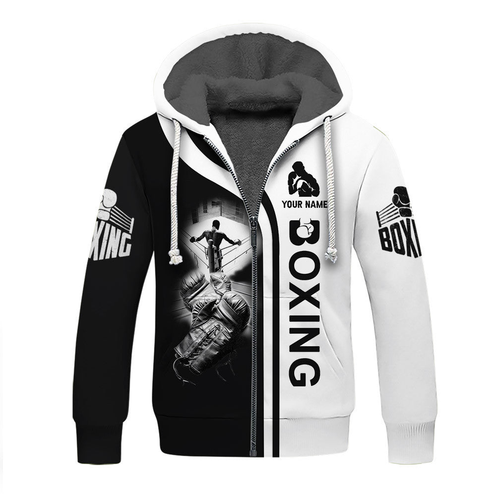 Boxing Custom Zipper Hoodie Gift For Boxing Lovers Black & White Boxing Gloves 3D Shirts