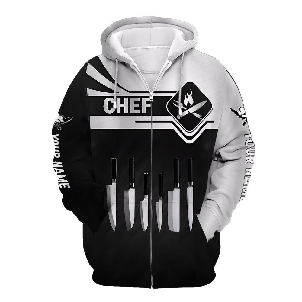 Chef Zipper Hoodie Cook 3D All Over Printed Black & White Custom Name 3D Shirts