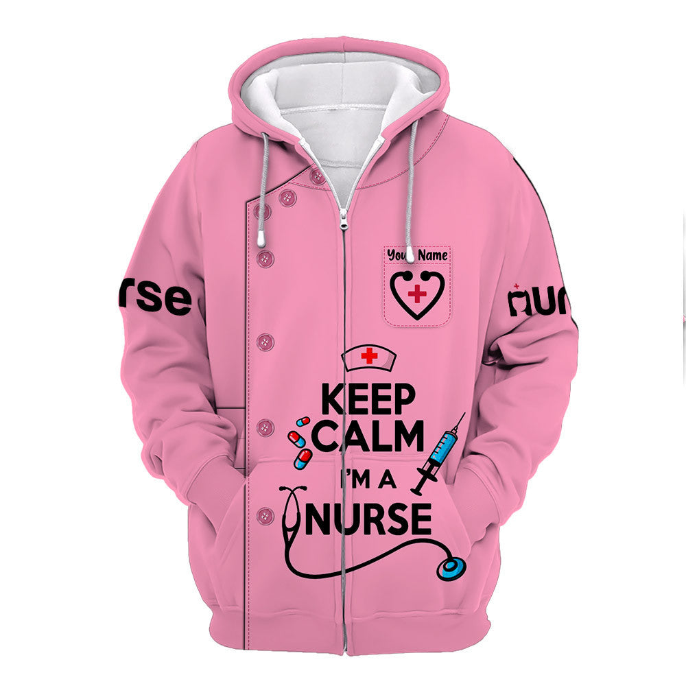 Keep Calm Nurse Uniform Syringe Needle 3D Zipper Hoodie Nursing Zipper Hoodie