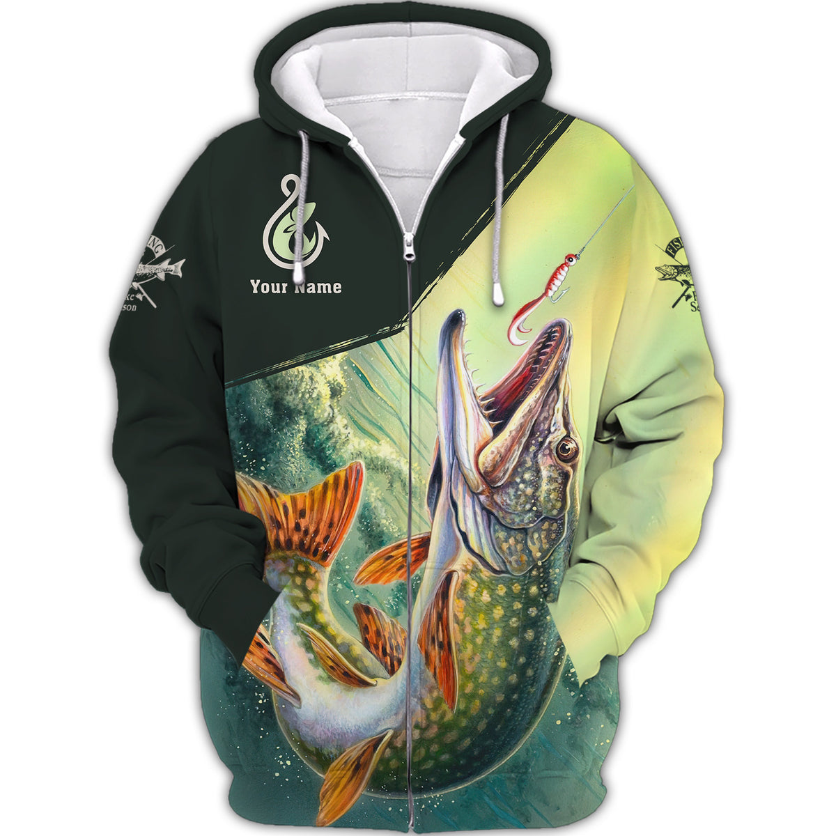 Fishing Custom Zipper Hoodie Pike Fish 3D Zipper Hoodie Fishing Lover Gift