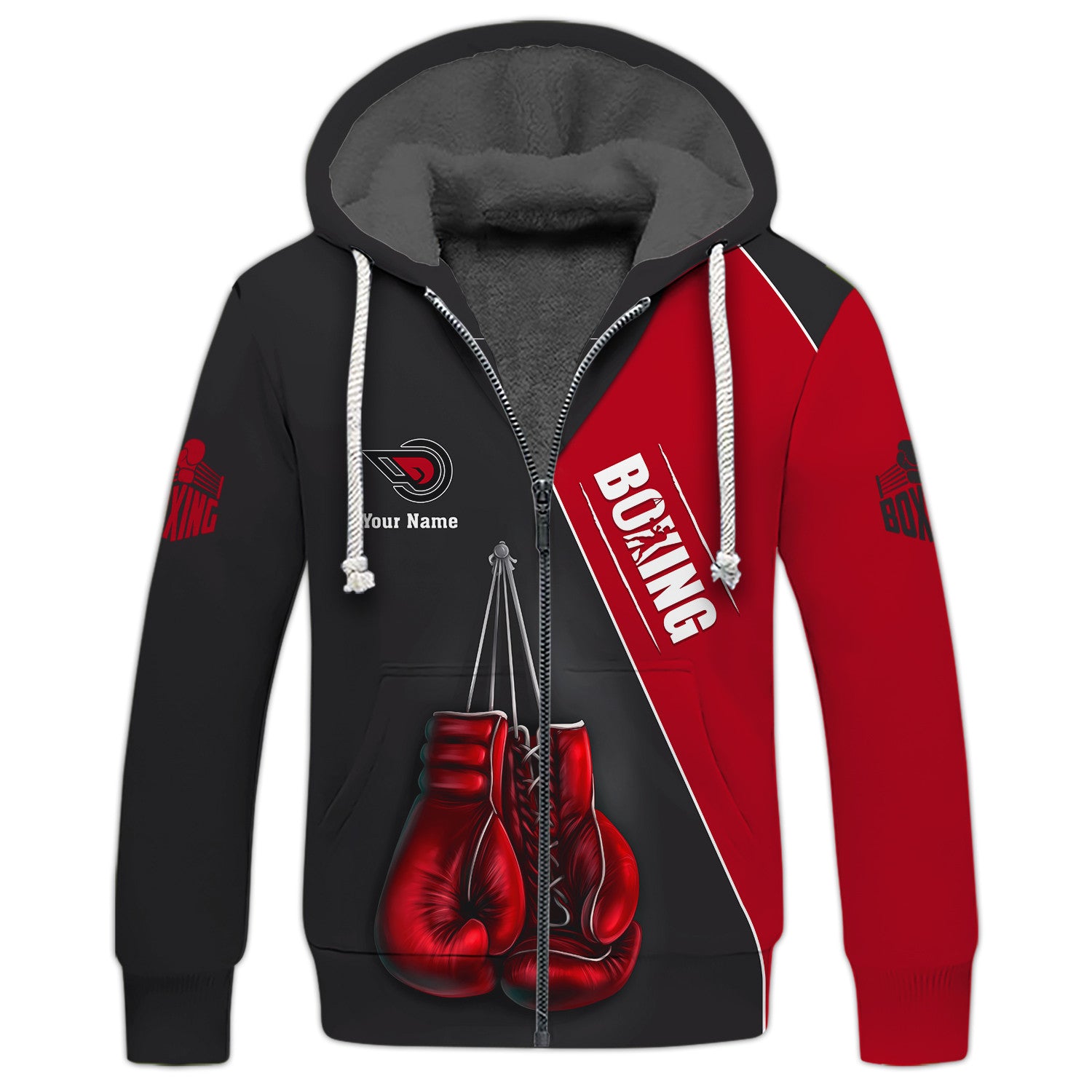 Custom Boxing Uniform Boxing Apparel Boxing Gloves 3D Zipper Hoodie Black & Red