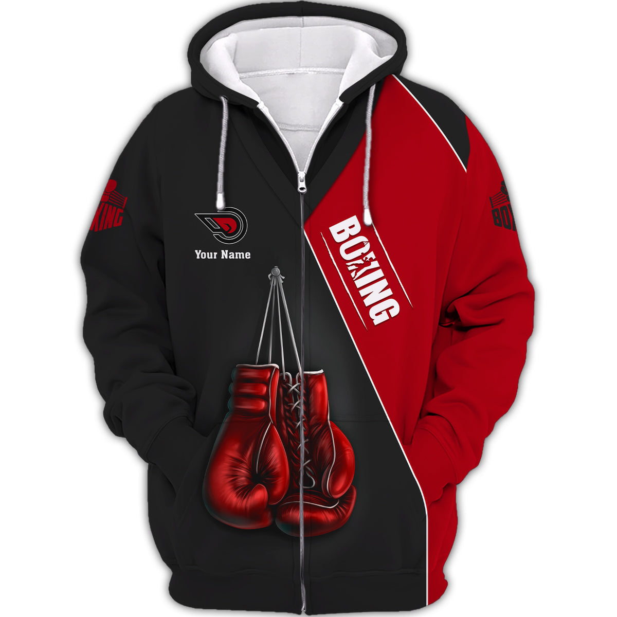 Custom Boxing Uniform Boxing Apparel Boxing Gloves 3D Zipper Hoodie Black & Red