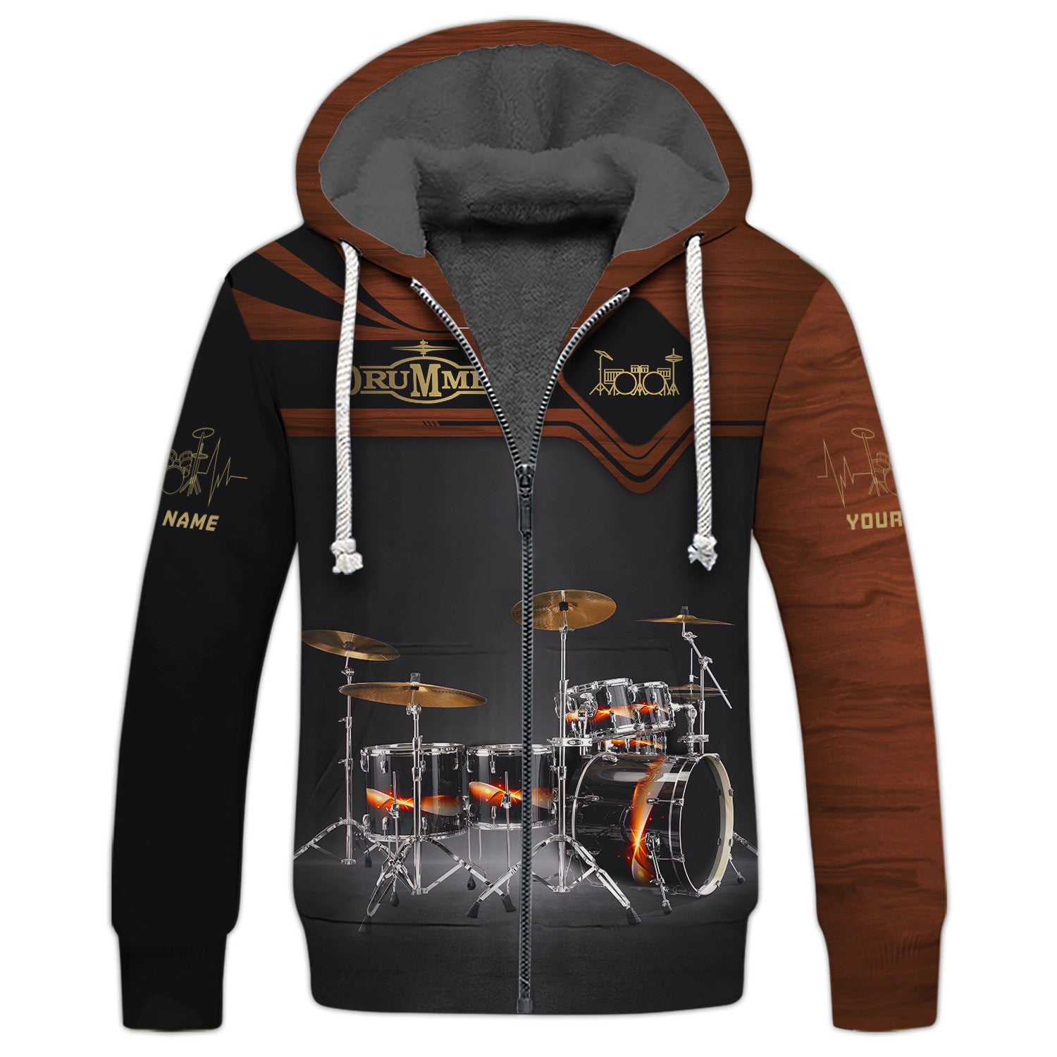 Brown Drum Set Personalized Name 3D Zipper Hoodie Gift For Drum Lovers