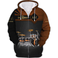 Brown Drum Set Personalized Name 3D Zipper Hoodie Gift For Drum Lovers