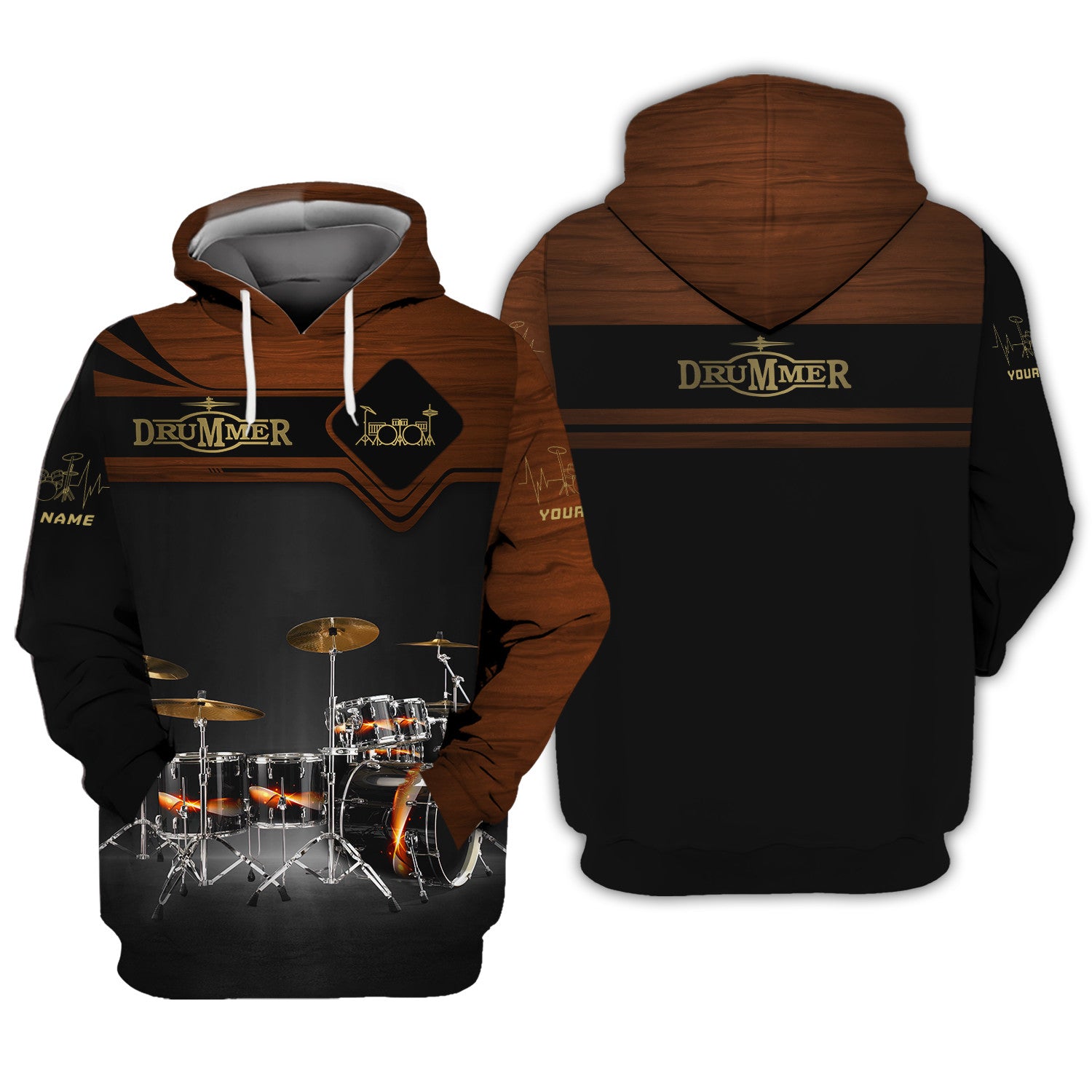 Brown Drum Set Personalized Name 3D Zipper Hoodie Gift For Drum Lovers