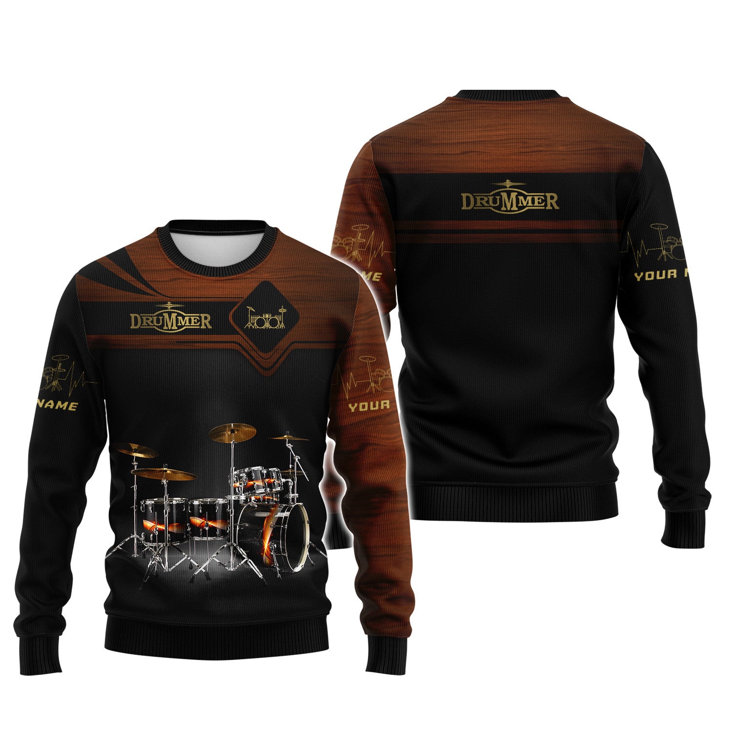 Brown Drum Set Personalized Name 3D Zipper Hoodie Gift For Drum Lovers