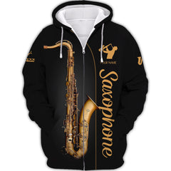 Saxophone Personalized Name 3D Zipper Hoodie Jazz Music Gift For Saxophone Lovers