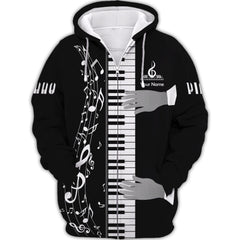 Music Note Piano Keys Custom Name 3D Zipper Hoodie Gift For Piano Lovers