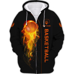 Basketball Custom Zipper Hoodie Fire Basketball 3D Zipper Hoodie